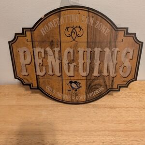 NHL Penguins Wood-Style Wall Sign in Brown, Black, White